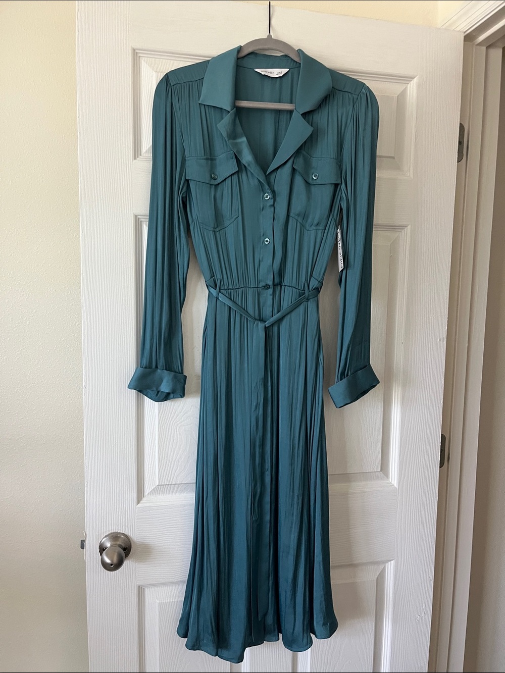Nine West Teal Long-Sleeve Button-Front Midi Dress